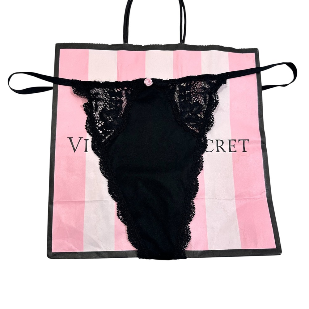 NWT Victorias Secret Black Lace Trim Thong Panty‎ V String XL